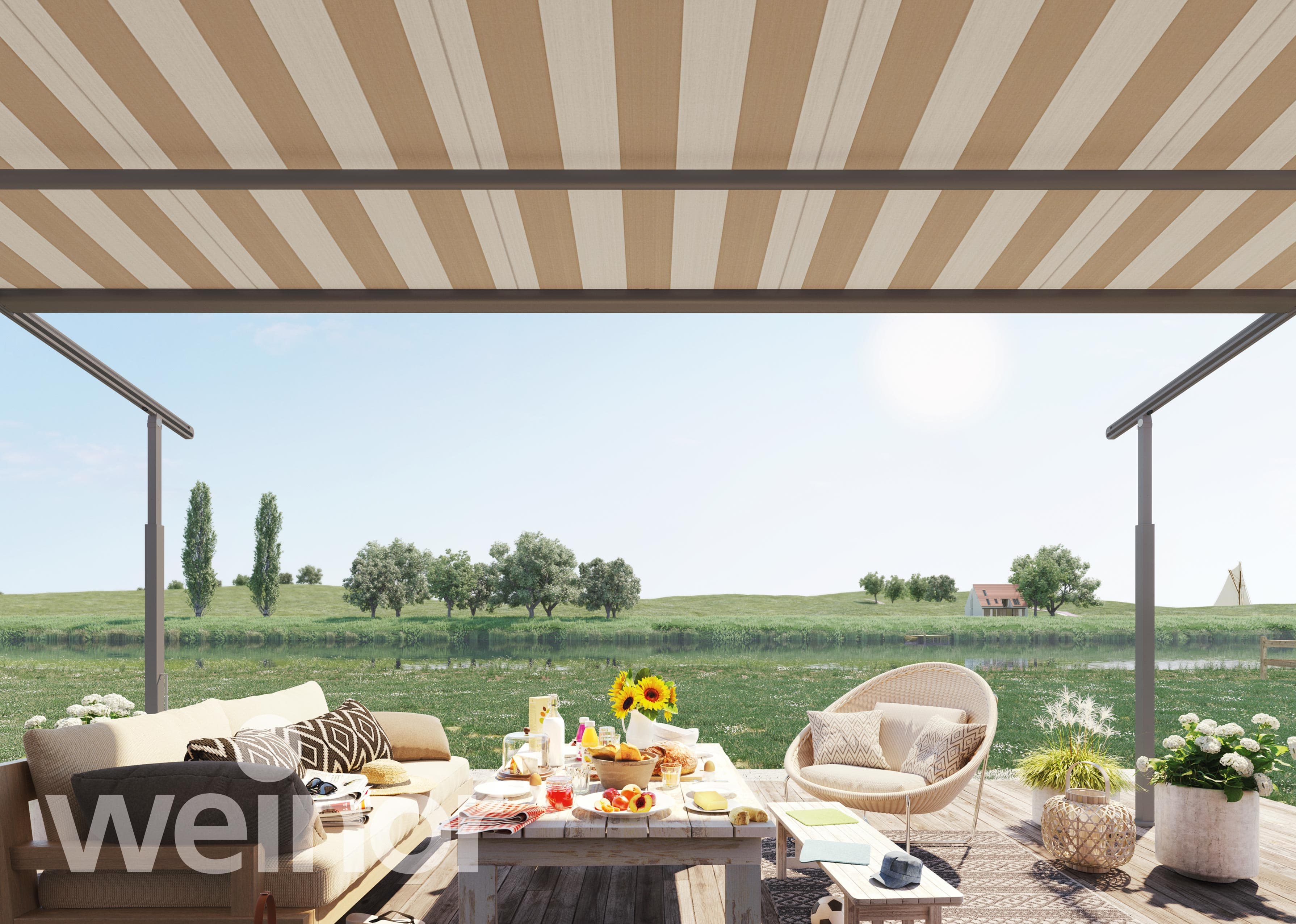 weinor Pergola-Markise VIVA über einer Terrasse mit Blick ins Grüne